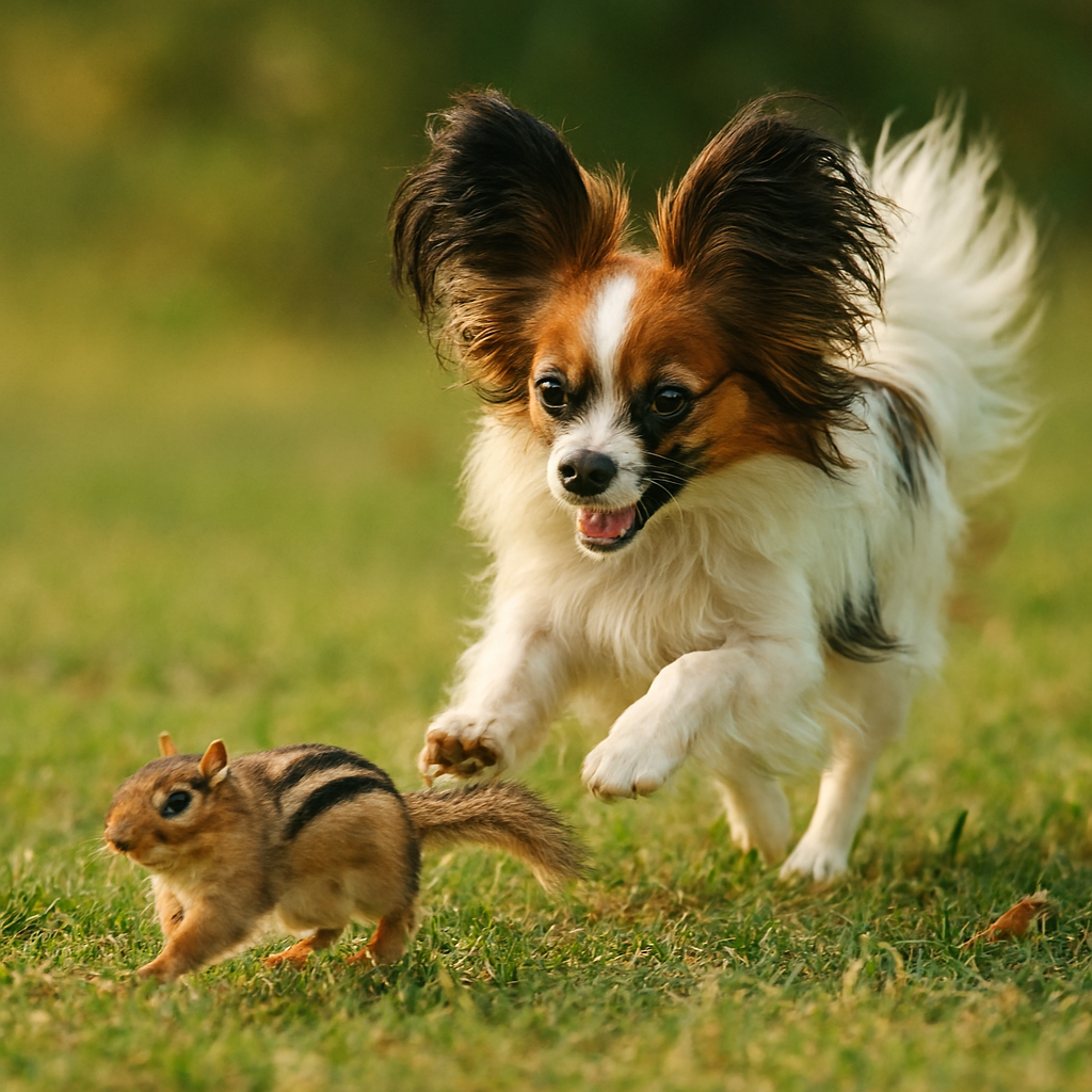 papillon chasing a chipmunk