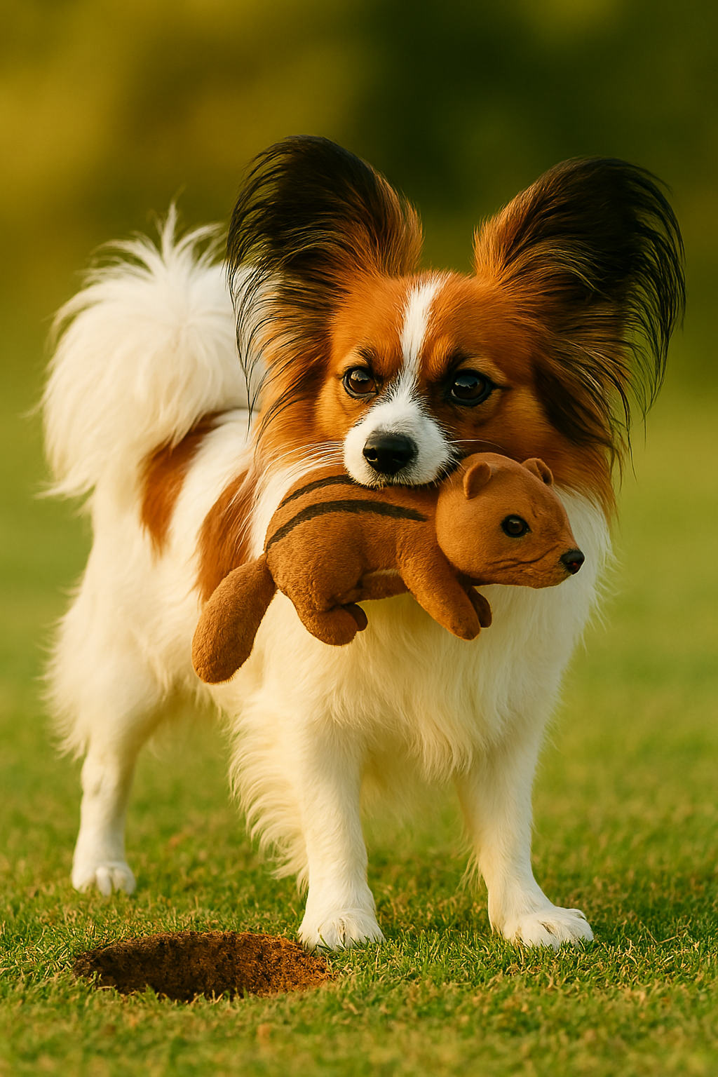 papillon holding a chipmunk toy